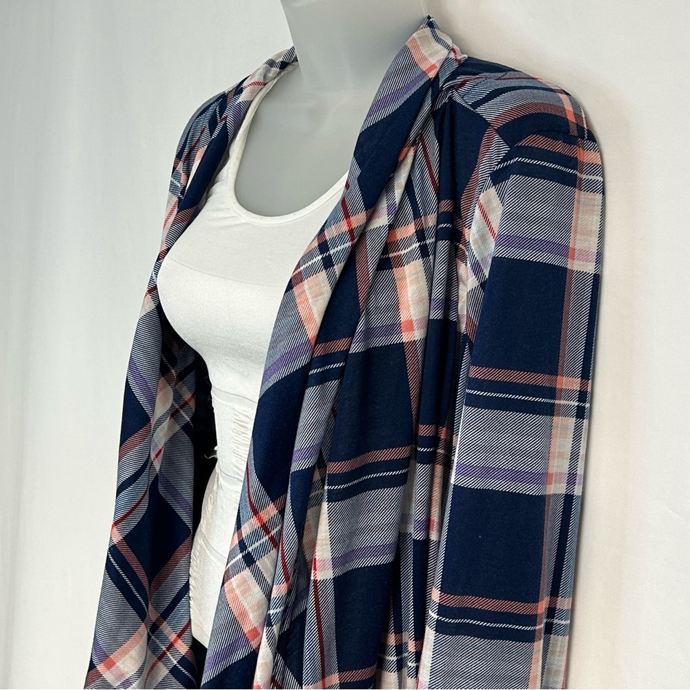 New York Laundry Womens Duster Cardigan Size 2X Open Roll Tab Sleeves Plaid Blue - Picture 4 of 7